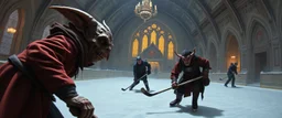 pin hole cam, master oil painting by Rembrandt, d&d vampire gremlin illithid and lich playing hockey in ice skating hall or church