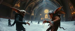 pin hole cam, master oil painting by Rembrandt, d&d vampire gremlin illithid and lich in ice skating hall or church