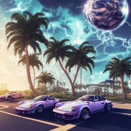 1980's aesthetic vaporwave palm trees and spheres and Porsche with lightning