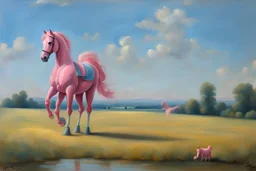 Big pink toy horse.19th painting