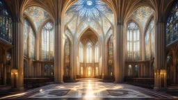 futuristic fantastic symmetrical cathedral internal view, year 2080, sunshine, beautiful, colorful, totally symmetrical design, style William Morris, English arts-and-crafts movement, innovative architecture, award-winning photograph, awesome, serene, inspiring, spiritual, impressive, Cinematic lighting, Epic composition, Photorealism, Very high detail, Unreal Engine, Octane render, HDR