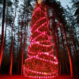  Giant christmas tree wiht white and pink ball, whit many light in a forest at night