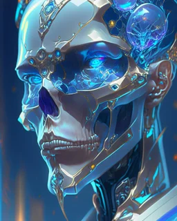 A glass headed skull with sapphire eys wearing a futuristic uniform, 8k resolution concept art portrait by Greg Rutkowski, Artgerm, WLOP, Alphonse Mucha Boris Vallejo dynamic lighting hyperdetailed intricately detailed Splash art trending on Artstation triadic colors Unreal Engine 5 volumetric lighting, by Hajime Isayama