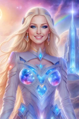 cosmic woman smile,beautiufos rainbow, admiral from the future, galactic confédération, fine whole face, crystalline skin, expressive blue eyes,rainbow, smiling lips, very nice smile, costume pleiadian, Beautiful tall woman pleiadian Galactic commander, ship, perfect datailed golden galactic suit, high rank, long blond hair, hand whit five perfect detailed finger, amazing big blue eyes, smilling mouth, high drfinition lips, cosmic happiness, bright colors, blue, pink, gold, jewels, realist,