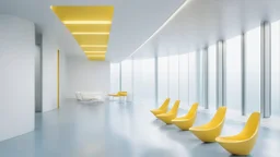 Futuristic interior space with sleek stainless steel mesh and white concrete inclined walls, blue floors, figure seated on vibrant yellow chairs