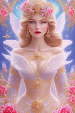 Magnifique woman, lady fairy, facing happy, voluptuous white, pink enchanted flowers, wings magic, long big dress, pink outerspace stars planets, Beautyful smiling, young woman, long hair amazing blue eyes, flowers, happy cosmic, bright colors, blue, pink, gold, jewels, realistic, photo real, clear sunny background, highly detailed, high contrast, 8k high definition, unreal engine 5, extremely sharp detail, light effect, sunny light background