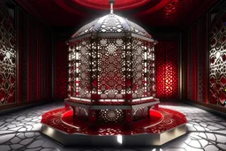 A mihrab made of red circles, its legs made of silver hexagons, radiating bright light with beautiful nature around it