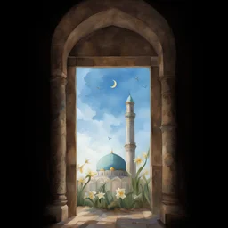 shado of people to jamkaran mosque in Iran has more blue green color and gold for pattern islamic in the dome . one big domes with beautiful lighting . white Daffodil flower in the floor , clouds with small birds in sky with crescent moon of ramdan . painting watercolor ,simple and islamic style , Painting like Vincent van Gogh style