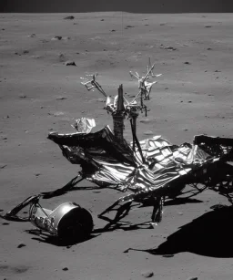 Crashed futuristic industrial space ship on the moon lunar surface