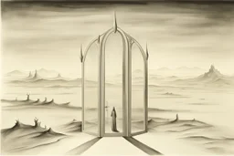 a surreal open glass gate in a glass wall with a view of a desolate landscape, fog, monochrome, strong contrasts, by artist "Leonora Carrington",by artist "Salvador Dali"