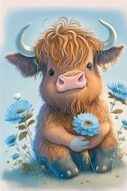 dorable cute happy baby scottish highland cow with dreamy eyes, sitting down and holding a flower, nursery art, very rendered polished Perfect, smooth edges, flawless Facial Features, Stunning, Whimsical Fantasy, Cute, Highly Detailed, Well Rendered, cartoon, illustration