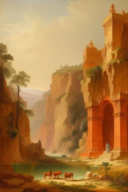 An orange colored rocky canyon with a temple ruin painted by Francis Danby