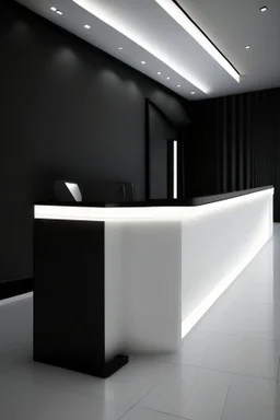 Reception desk with black walls, white floor, and hidden or rich lighting