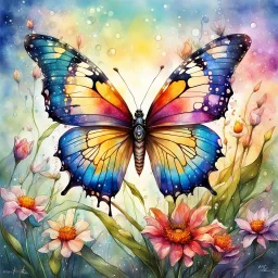 Digital watercolor illustration, beautiful colorful highly detailed butterfly, landing on a bloom of a beautiful dew filled flower, fantasyscape sunrise, by Waterhouse, Carne Griffiths, Minjae Lee, Os Gemeos, Stylized watercolor art, Intricate, Complex contrast, HDR, Sharp, soft Cinematic Volumetric lighting, deep vibrant lush luminous colors, perfect masterpiece