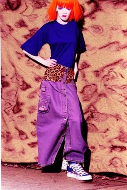 year 1996 denim fashion. Loose skirt, low waist. Combat pants and t-shirt. Colors: denim blue, blue, purple, cream, khaki, light green, lilac, plum, orange, terracotta, red, light yellow, pink, dark blue, beige. Latex in small part. Cheetah pattern. Gwen Stephani, Shirley Manson.Cargo pants