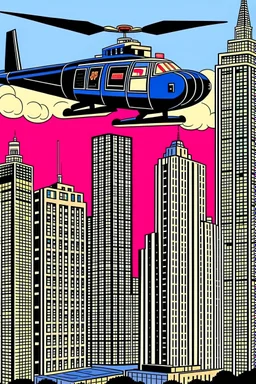 punisher sku;; city helicopter chasing car in the style of Hiroshi Nagai