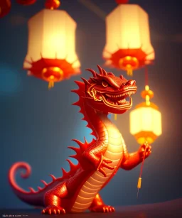 cute chinese baby dragon surrounded by lanterns, colorful detailed photo realistic 3d pixar render 4k, trending on artstation