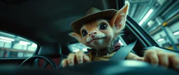 extreme close up on cheeky fluffy weasel cowboy elf family scumbag in the car in the style of Escher and Giger and Fallout 4, pinhole cam, airbrush 3d rendering, on tv screen:A five-second cinematic single take in a clean industrial presentation hall.