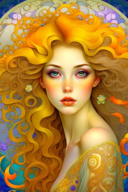 An ethereal portrait of a woman with flowing hair and piercing eyes, created with a mix of beauty and digital techniques, inspired by the works of Alphonse Mucha and Gustav Klimt