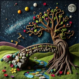 Photograph hasselblad h6d400c --ar 85:128 --v 6.0 of a fairy old bewitched bridge, tree, made of felt, art, 3d deep field, wide angle landscape scene, galaxies and planets, needlepoint, abstract silhoutte, expressionist style, colorful holiday