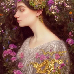 portrait,"Insanely detailed photograph of a beautiful nordic vestal priestess, pretty face, highly intricate dress,colorful flowers in hair,elegant, highly detailed hair, digital painting, artstation, concept art, smooth, sharp focus, illustration, art by artgerm and greg rutkowski and alphonse mucha, 8 k