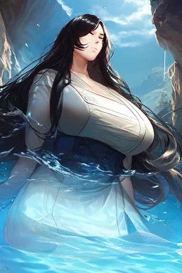 a beautiful woman, long curly black hair,closed eyes,coming from beneath the water,braking the surface with her face just coming out the water,looking up symbolism for breaking free. realistic,8k quality, action close shot from areal view,highly detailed , chaos 80