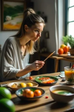 Perempuan lukis makanan di kanvas rumah