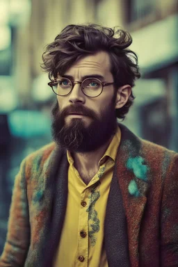 futuristic bohemian young man with strange face with aspect of cat in his 40s with Parisian bohemian look and glasses of colours and poor and short short hair on the head with receding hairline. Farsightedness glasses with big eyes. Long beard. Vintage look and feel like photos of the 70s