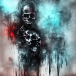 abstract photographic camera mixed with skull in dirty style. fog and smoke in atmosphere. bokeh, lens flare. Dark mood. Dripping paint. oil on canvas, mixed media, high detailed.