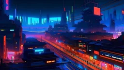 Overview of a cyberpunk city center scape in the evening with neon lights