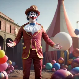 Ultra realistic circus scene. clown sweet man, waist up view, Wes Anderson style, happy, highly detailed, concept art, unreal engine 5, god rays, ray tracing, RTX, lumen lighting, ultra detail, volumetric lighting, 3d, finely drawn, high definition, high resolution.