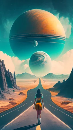 road with sci-fi landscape and woman looking down at spaceship with planets