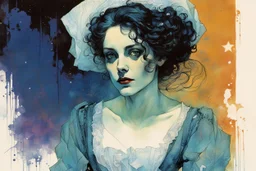 create an imaginative drawing of the pale translucent ghost of an Parisian female fortuneteller, clothed in tattered and ragged Napoleonic period dress, with finely detailed hair and feminine facial features, in the comic book art style of Bill Sienkiewicz, Mike Mignola, and Jean Giraud Moebius, finely textured, drawn, colored, and inked, suffused with seething ethereal shadows in a darkened parlor