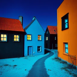 Fotografia di strada assurda e falsa orripilante blu weirdcore dai colori vivaci. Noe. Non luogo falso, inusuale. Max Ernst. Le case sono false e dipinte di nero chiaro con cose stilizzate e dettagli. Ci sono finestrelle false quadrate, che danno un senso distopico e molto surreale, disposte in modo casuale. L'atmosfera generale sembra noiosa e onirica, con un contrasto tra elementi reali ed elementi dipinti falsi, René Magritte
