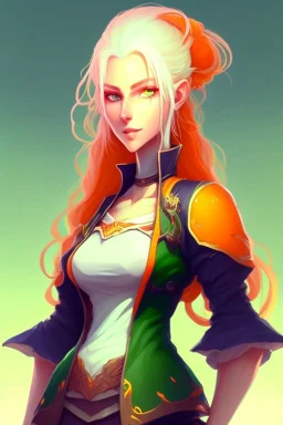 fantasy setting, woman with orange and white hair, green eyes, tall and thin, kind, soft facial traits