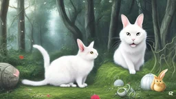 A black cat staring a white rabbit in the forest.