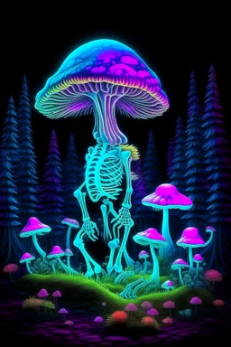 neon glowing turkey skeleton in magical mushroom forest