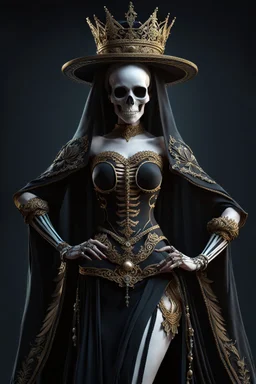 a beautiful skeleton woman dressed in a queens attire, queen of the underworld, intricate, detailed, sideway pose, living dead, morbid, unholy, a living dead, fantasy, extremely intricate, cinematic, hyper realistic, hyper detailed, cinematic, absurdnes, 4k, 8k, UHD, HDR, octane render, unreal engine