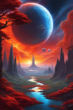 [spaceship, art of Chris Moore] The Stellaris nears the blue planet,Its red forests beckon with allure.The starship descends, flames ablaze,Through the celestial descent it endures.Stepping onto the crimson soil,The crew is awestruck by the vista.Towering trees, aglow with inner light,Creatures dart amidst the surreal landscape.