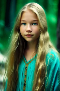 portrait of a beautiful Norwegian-asian 15 year old girl, super long blond hair, warm-hearted, goddess, turquoise