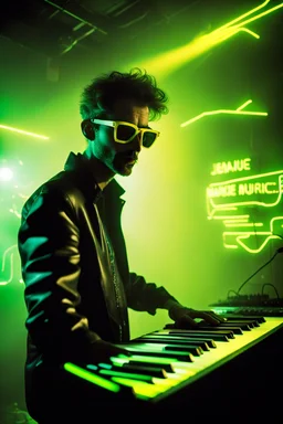French cool synth player, he is called "Jean-Maurice Brûlée" performing at dance club, his name is "Jean-Maurice Brûlée" , white and yellow Neon lights and yellow smog, and "URANIUM" big sign on the wall, he is playing on synthesizers on stage with lot of laser beams and wearing black sunglasses, an earth is projected in background