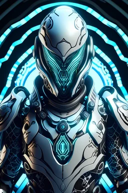 frontal portrait of a futuristic knight half-body, the knight inspired by Lotus from warframe, in the background a circular sci-fi pattern, closed helmet no human faces, needs to be a frontal half-body portrait