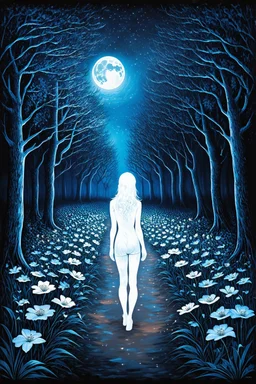 A starry night full-moonlit path lined with moonflowers that an outline of a human filled with outer space and stars is following into the ink wash forest