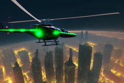 black police helicopter, flying over city looking for suspect, helicopet spotlight flashing, night time , unity, scriptable render pipeline , green emission, cinematic lighting.