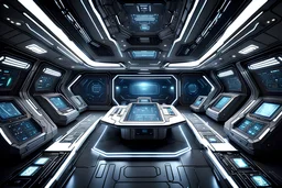 The wide shot captures the interior of a square spaceship's navigation room. This futuristic and elegant room lacks windows, enclosing its occupants in complete darkness. The image, probably a digitally rendered artwork, showcases intricate details with high precision. The sleek and modern design of the room creates a sense of advanced technology, while the absence of windows underscores the isolation and mystery of deep space exploration.