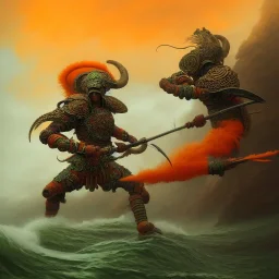 an ibis warrior in orange and green full battle armor, a highly detailed illustration, background of giant crashing ocean waves, realistic render, 8 k, micro detail, intricate, elegant, centered, digital painting, Artstation, smooth, sharp focus, illustration, artgerm, tomasz alen kopera, peter mohrbacher, donato giancola, joseph christian leyendecker, wlop, boris vallejo