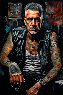 Ultra detailed medium portrait painting of a man, sitting on chair,ex-ganster in jail tattoos, rough look, bold, tear tattoo on face, mascara, evil look, chaos dark background,torn up collage of photo clippings, broken circuitry background, matrix effects, punk visual art, punk art aesthetic, graffiti art, pop surrealism, collage art, cluttered paint glitches