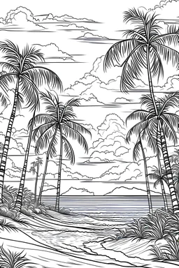 beach with palm trees monochrome line art