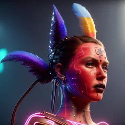 pretty texas cyber woman, cold ambient, latex, cables, purpurin, blood, black, gold, piercings, brown, decorative color feathers, circuits, neon style, a lot of led lights, fog, rain, vibrant color, highly detailed, art stations, concept art, smooth, unreal engine 5, god rays, ray tracing, RTX, lumen lighting, ultra detail, volumetric lighting, 3d, finely drawn, high definition, high resolution.