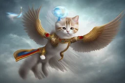 A cat with wings is flying in the sky. 3/4 side view. digital art.